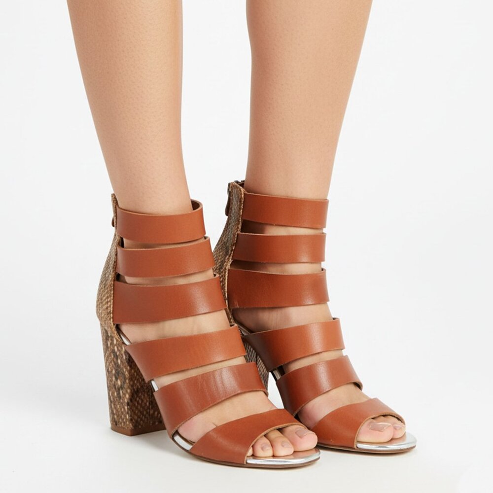 Chinese Laundry Brown Cage Strappy Sandals Python Block Heel Open Toe Shoes